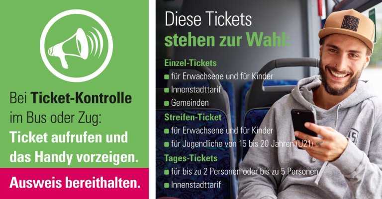 Einzel-, Streifen- und Tages-Tickets sind im Shop erhältlich. Bei der Ticketkontrolle bitte Ihren Ausweis bereithalten.