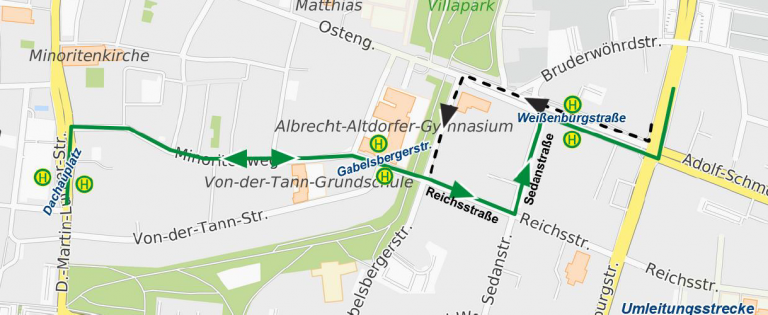 230904 Karte Umleitung Minoritenweg Linien 5 und 36/37