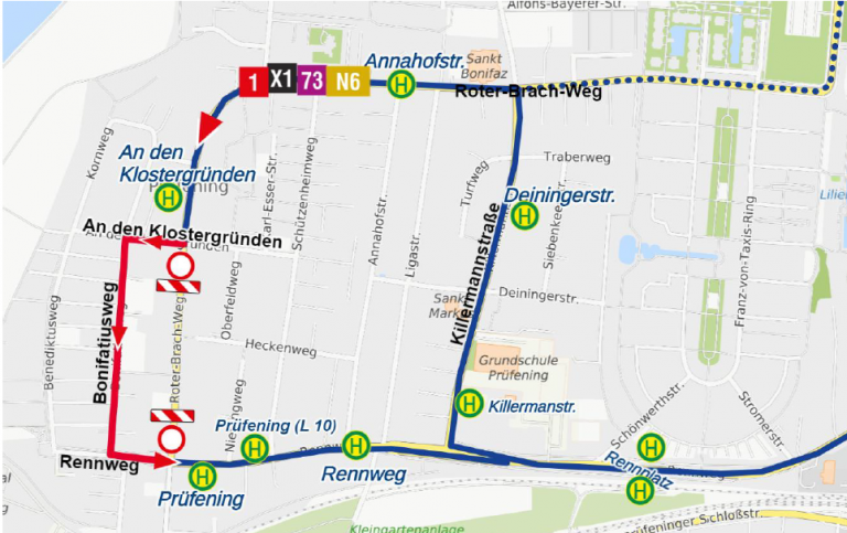 Sperrung Roter-Brach-Weg, Linien 1, X1, 73, N6