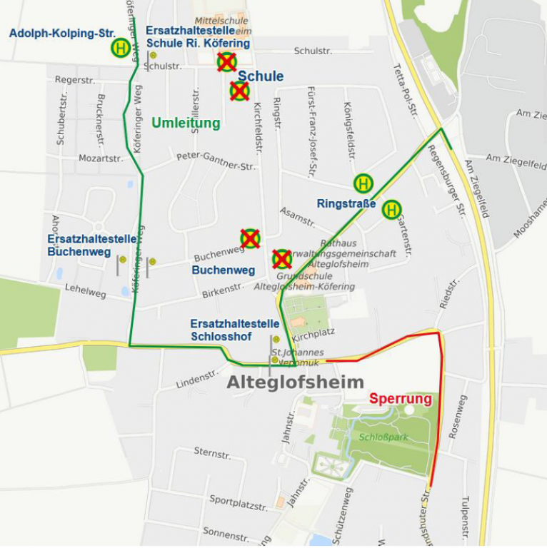 Karte Sperrung Landshuter Str. Alteglofsheim ab 11.08.2025
