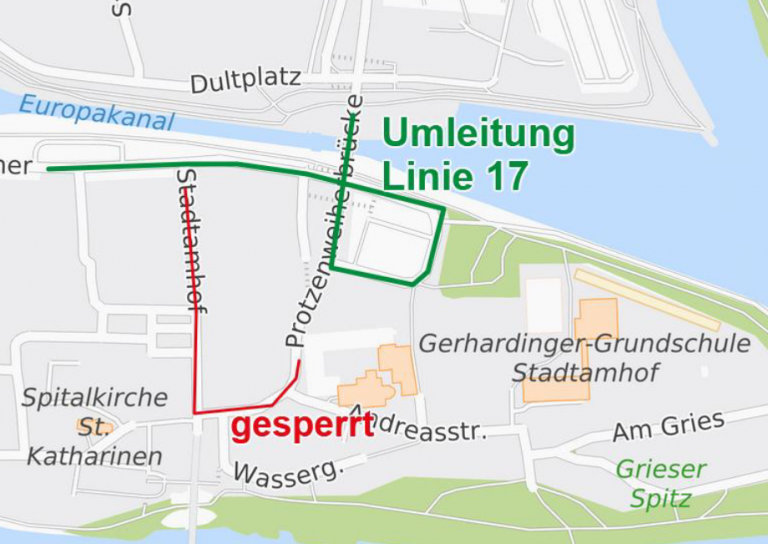 Karte Umleitung Linie 17 Stadtamhof am 05.07.2025