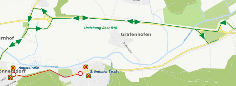 Karte Umleitung Gonnersdorf - Irlbach ab 23.07.2025