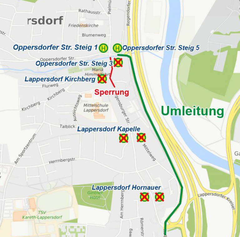 Karte Umleitung Lappersdorf am 03.08.2025