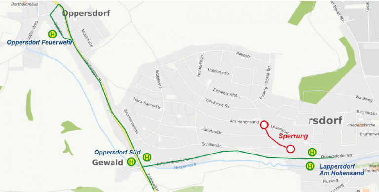 Karte Umleitung Lappersdorf, Am Hohensand ab 10.06.2025