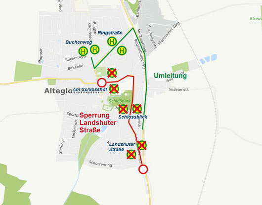 Karte Sperrung Landshuter Straße in Alteglofsheim