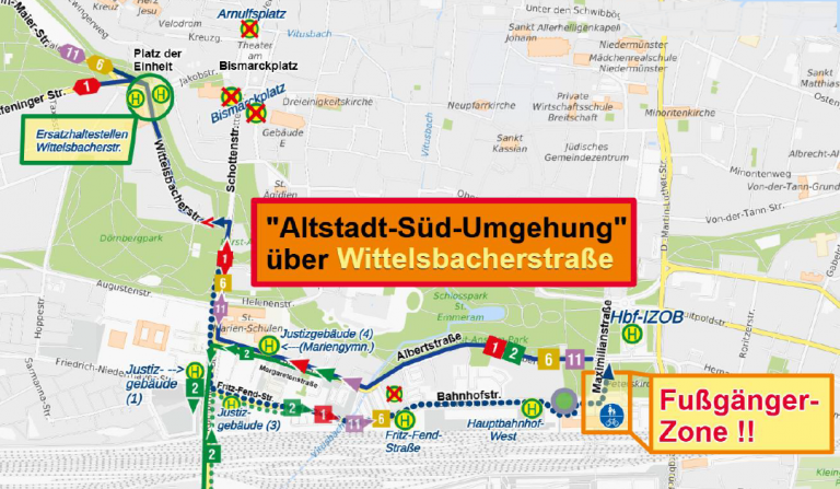 Karte Umleitung Bürgerfest Regensburg - Linien 1,2,4,6,11 - ab20.06.2025