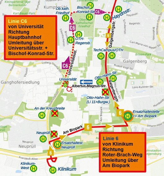 Karte Umleitung Linien 6 und C6