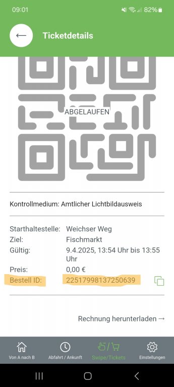 Screenshot RVVswipe Ticketdetails Bestell-ID