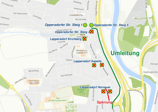 Karte UmleitungLappersdorf, Regensburger Str.,