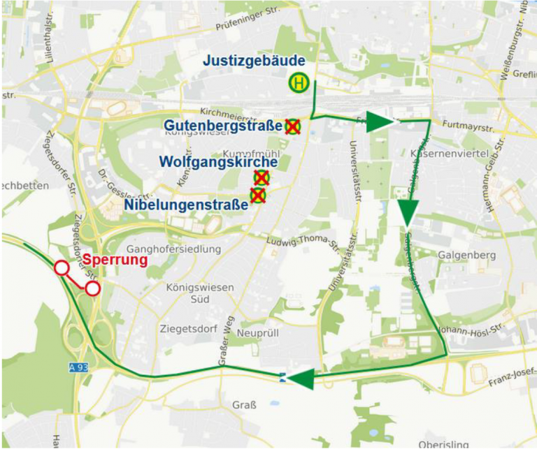 Karte Sperrung AB Auffahrt A93 auf A3 Sinzing, Richtung Sinzing