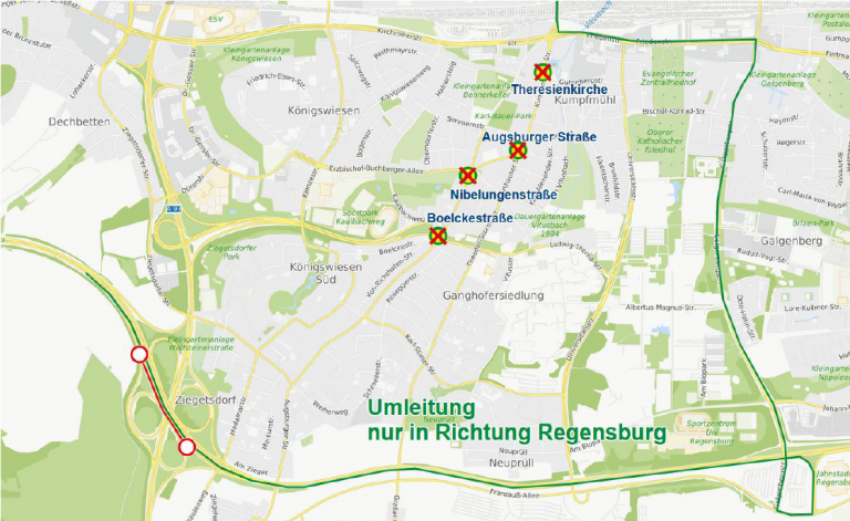 Karte Sperrung AB Auffahrt A93 auf A3 Sinzing, Richtung Regensburg