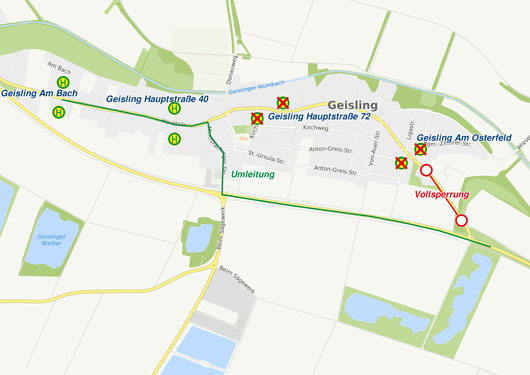 Karte Umleitung Geisling, Linien 33 und 102 (07.04. - 17.04.2026)