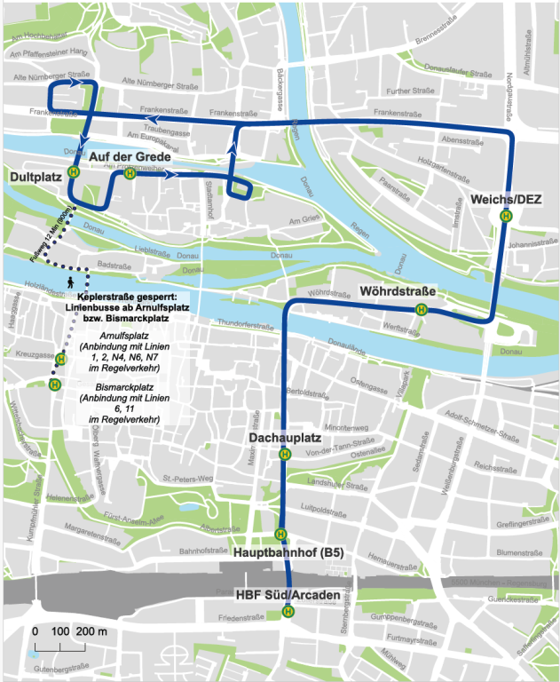 Dultbus Linienweg Mai 2026 - Sperrung Keplerstraße