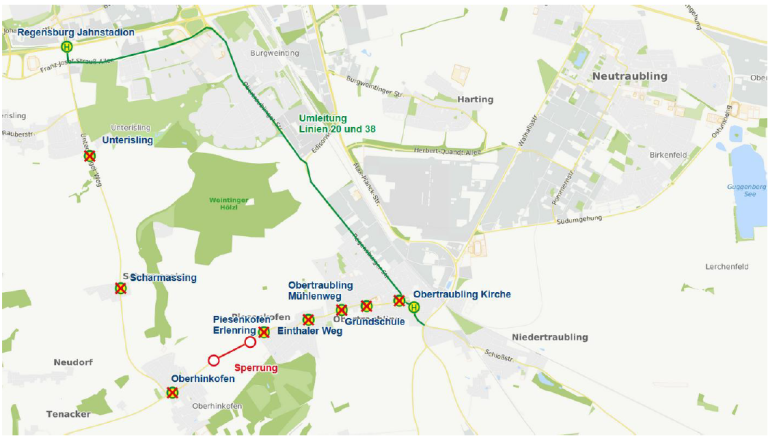 Karte Umleitung Piesenkofen Linie 20 und 38