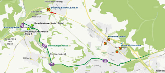 Karte_Deuerling, Sperrung der Bahnbrücke, Linien 28 und 29 (23.02. - 27.02.2026)