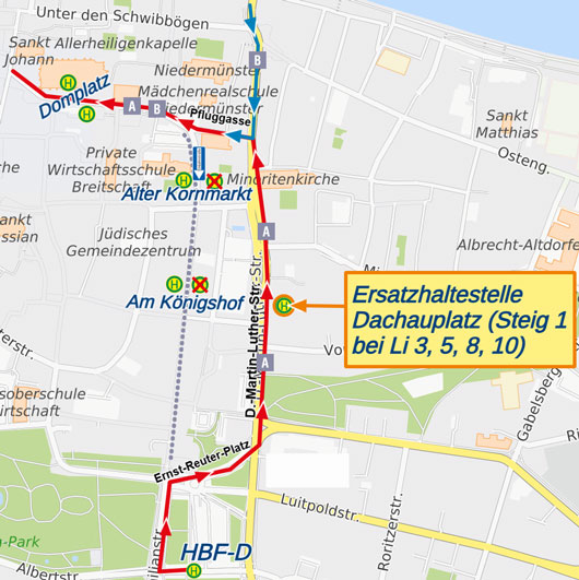 Umleitung Brixener Hof, Linien A und B