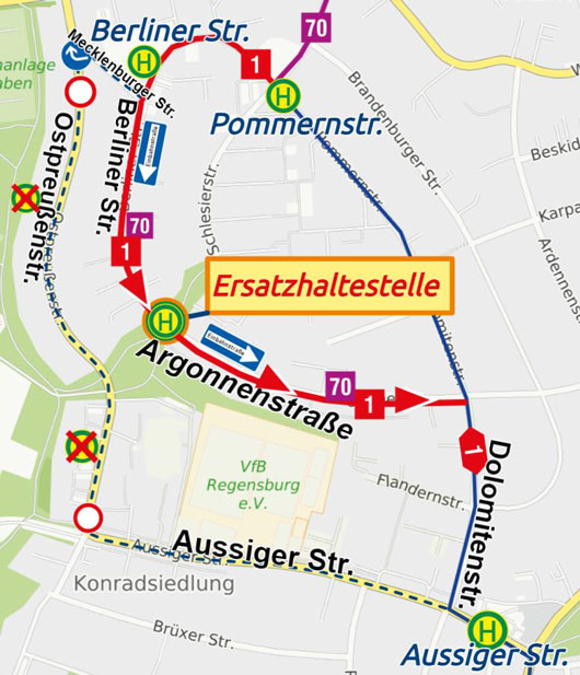 Ostpreußenstraße, Linien 1 und 70 (02.03. - 30.09.2026)