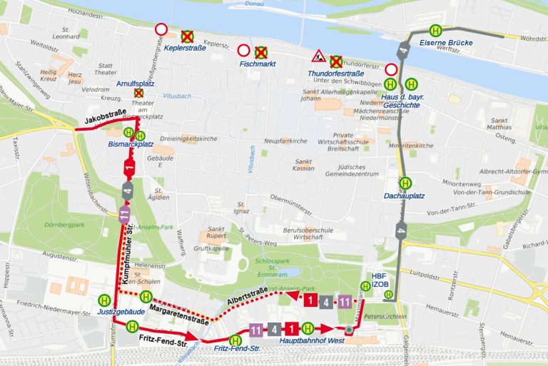 Karte Sperrung Keplerstraße ab 15.09.2026 Linien 1, 4 u. 11