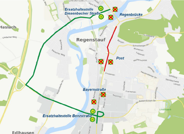 Karte Sperrung Ortsdurchfahrt Regenstauf 31.08. bis 04.09.26