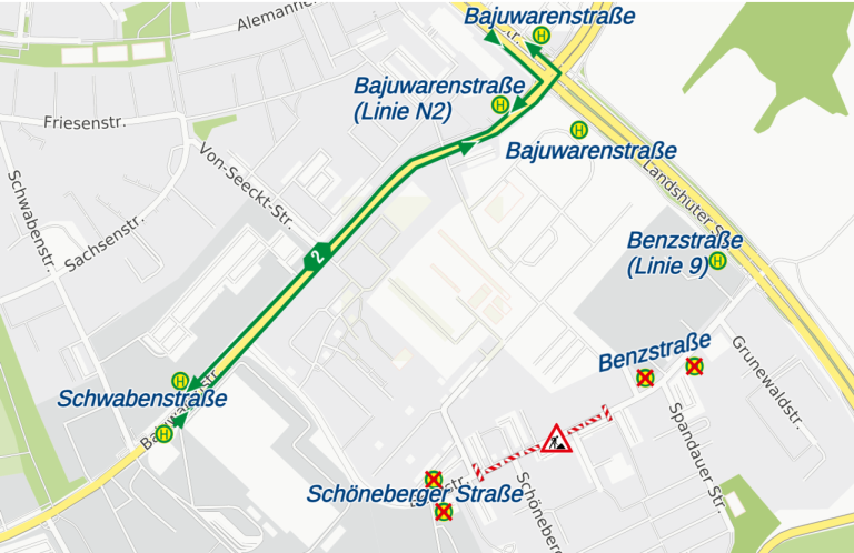 Karte Sperrung Benzstraße, Linie 2, 09.11.2026