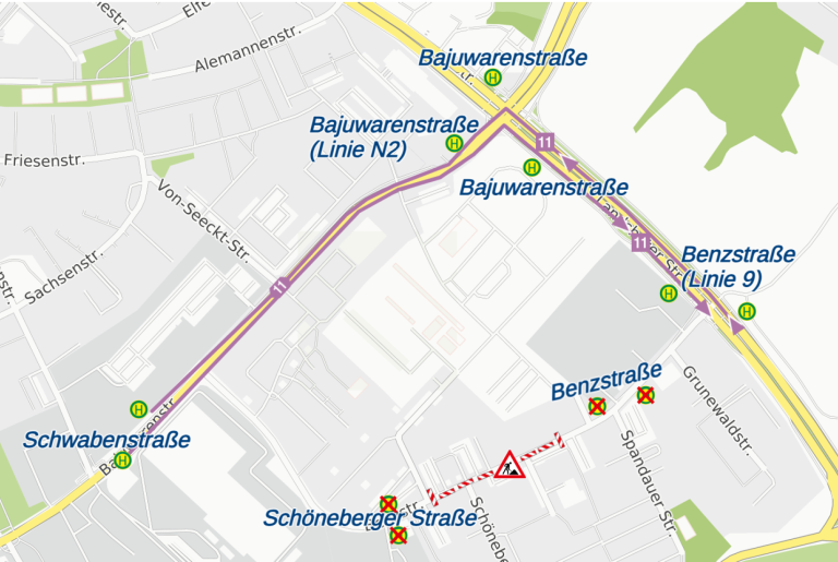 Karte Sperrung Benzstraße, Linie 11, 09.11.2026