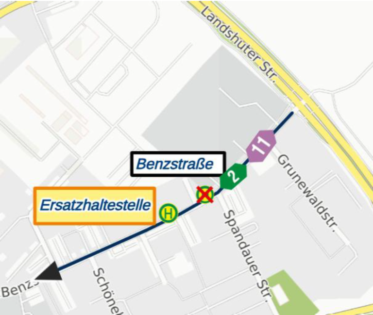 Karte Haltestellenverlegung Benzstraße, Linien 2 und 11, 03.11.2026