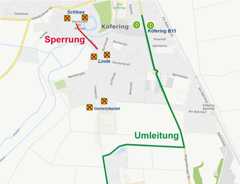 Grossansicht in neuem Fenster: Karte Umleitung Köfering am 03.07.26