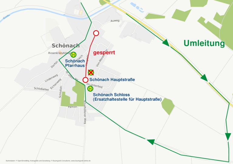 Grossansicht in neuem Fenster: Karte Umleitung Schönach ab 06.07.26