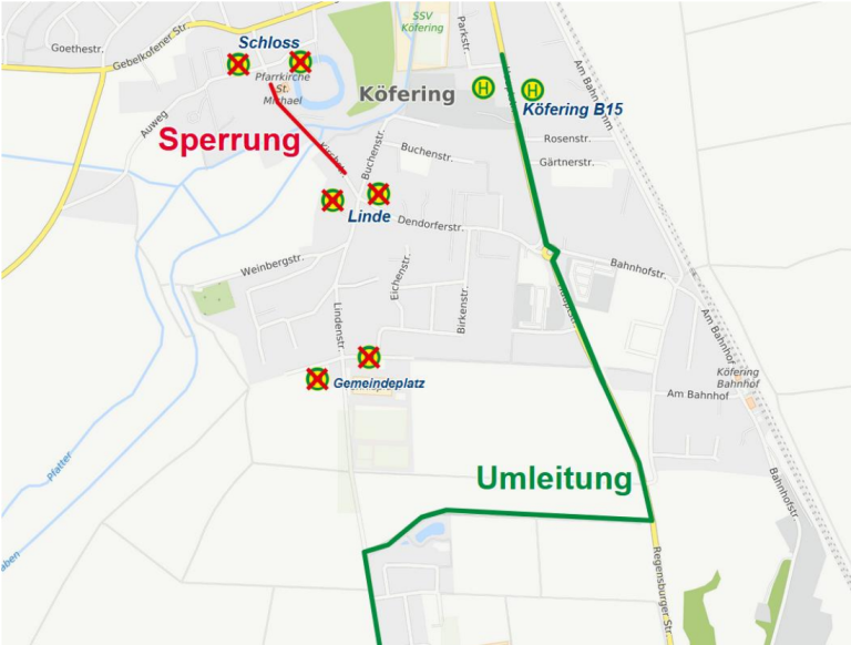 Karte Umleitung Köfering am 24. und 25.07.26