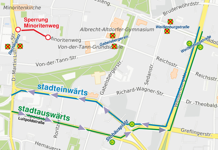 Grossansicht in neuem Fenster: Karte Umleitung Minoritenweg ab 03.08.2026 RVV
