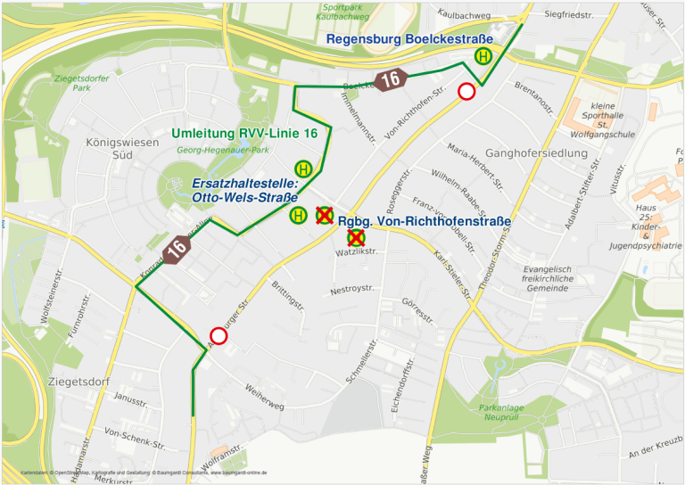 Karte Regensburg, Augsburger Str., Linie 16