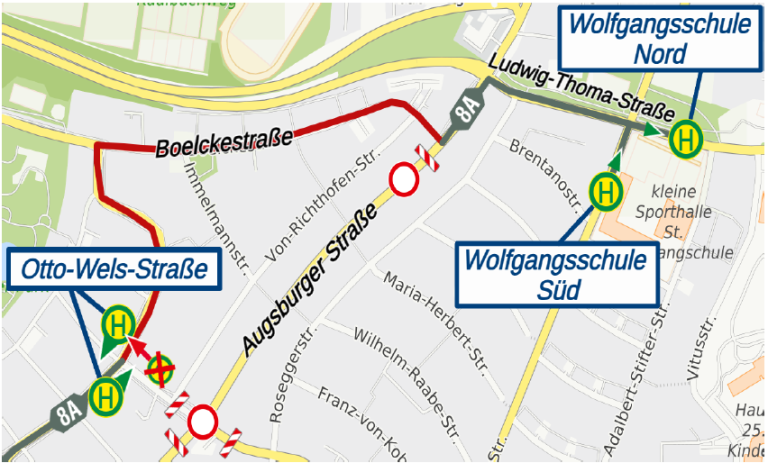 Karte Sperrung Augsburger Straße, Linie 8A