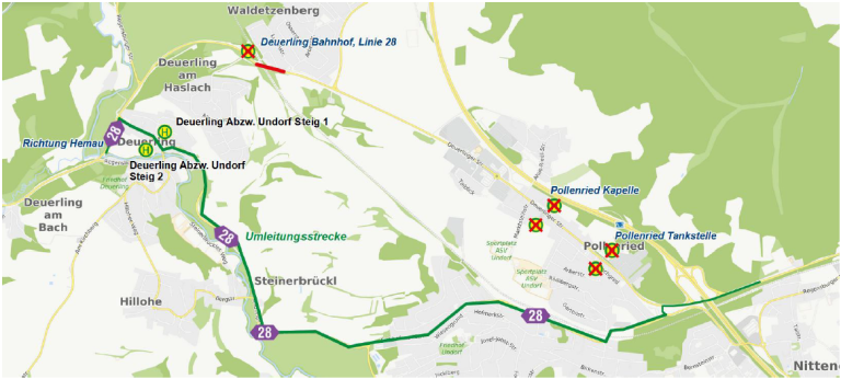 Karte Sperrung Bahnbrücke Deuerling, Linien 28 und 29