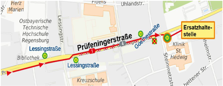 Grossansicht in neuem Fenster: Karte Regensburg, Prüfeninger Str., Linien 1 und 4