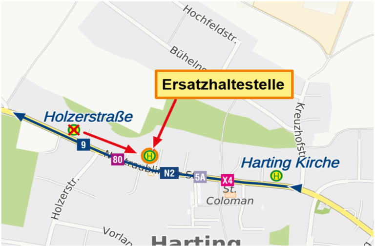 Karte Harting, Holzerstraße, Verlegung der Haltestelle