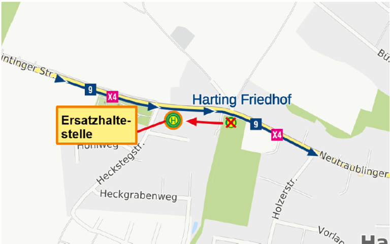 Karte Regensburg Harting Friedhof, Linien 9 und X4