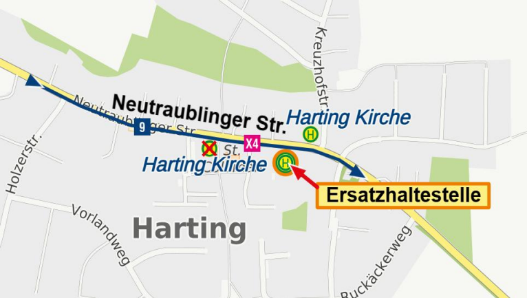 Karte Regensburg Harting Kirche, Linien 9 und X4