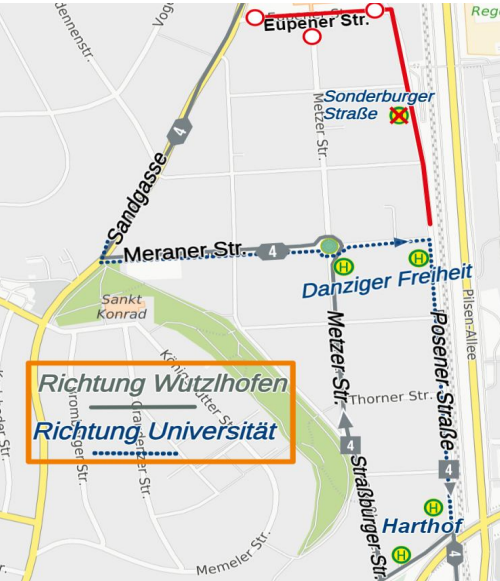 Karte Regensburg, Sperrung Posener Straße, Linie 4