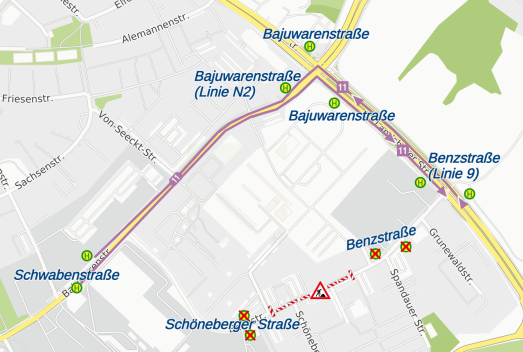 Karte Regensburg, Sperrung Benzstraße, Linien 2, 11