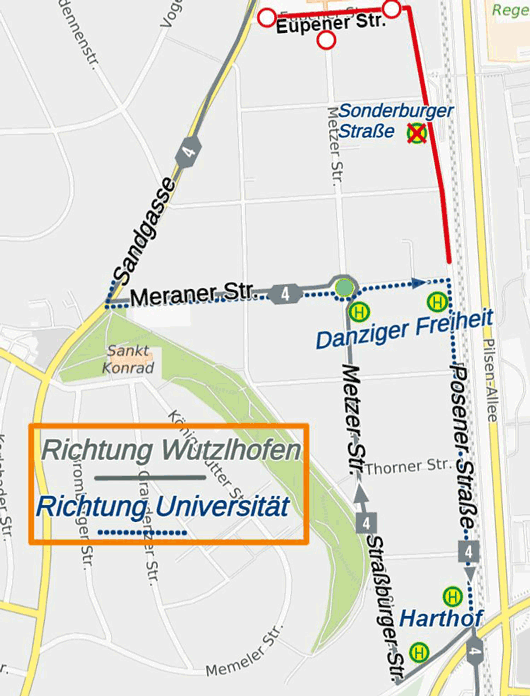 Karte Regensburg, Sperrung StraßburgerStraße, Linie 4