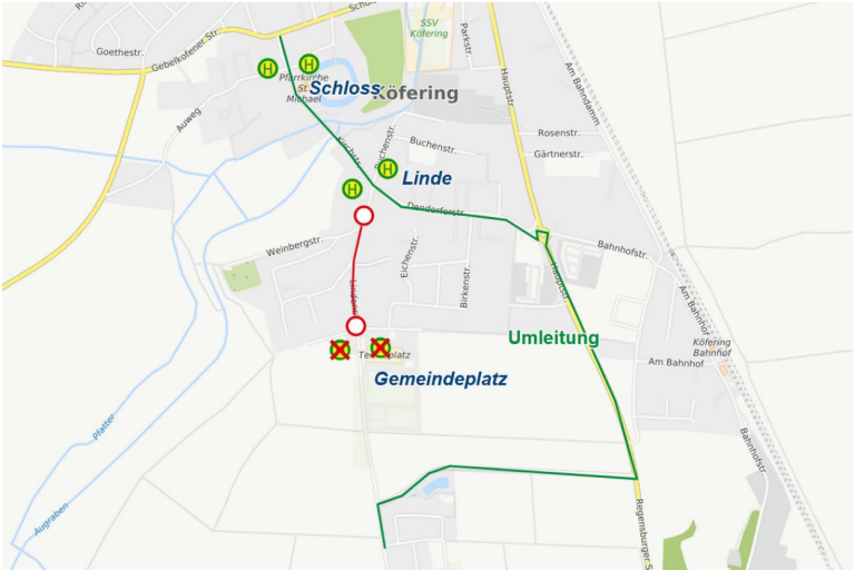 Linien 21 und 24, Sperrung Lindenstraße in Köfering (26.10.2026 - 06.11.2026)