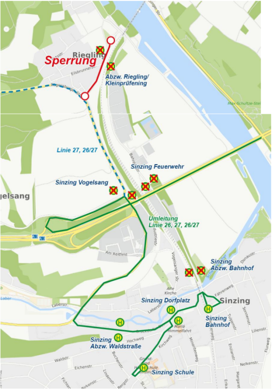 Linien 26, 27 und 26/27, Sperrung Bahnhofsstraße in Riegling (02.11.2026 - 06.11.2026)