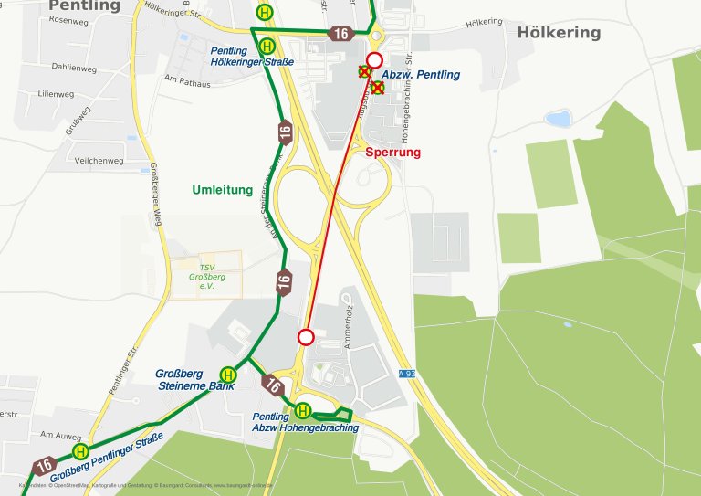 Sperrung B 16 bei Pentling, Karte Mo-Fr