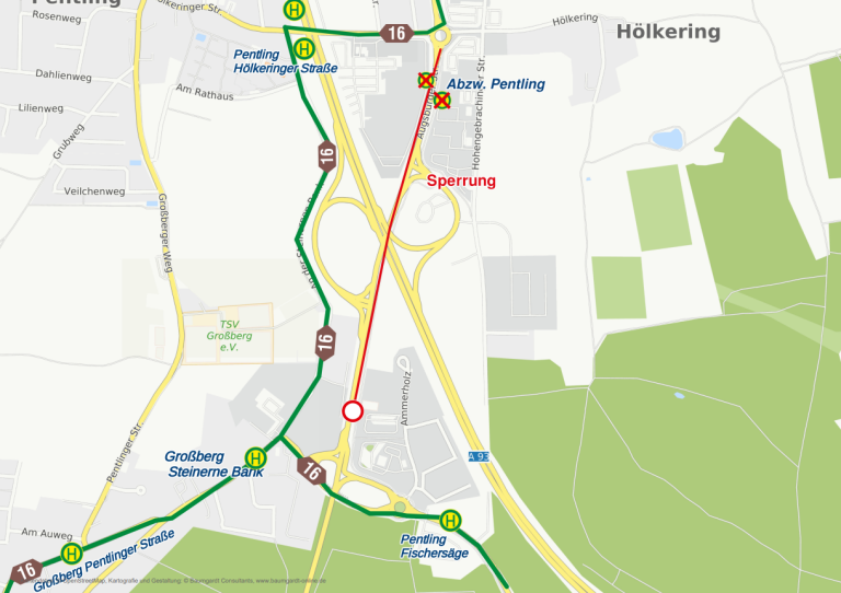 Sperrung B 16 bei Pentling, Karte Mo-Fr